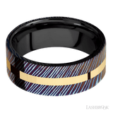 8 mm wide/Flat/Titanium Damascus band with one 2 mm Centered inlay of 14K Yellow Gold also featuring a Zirconium sleeve. - Diamonds By Rothschild