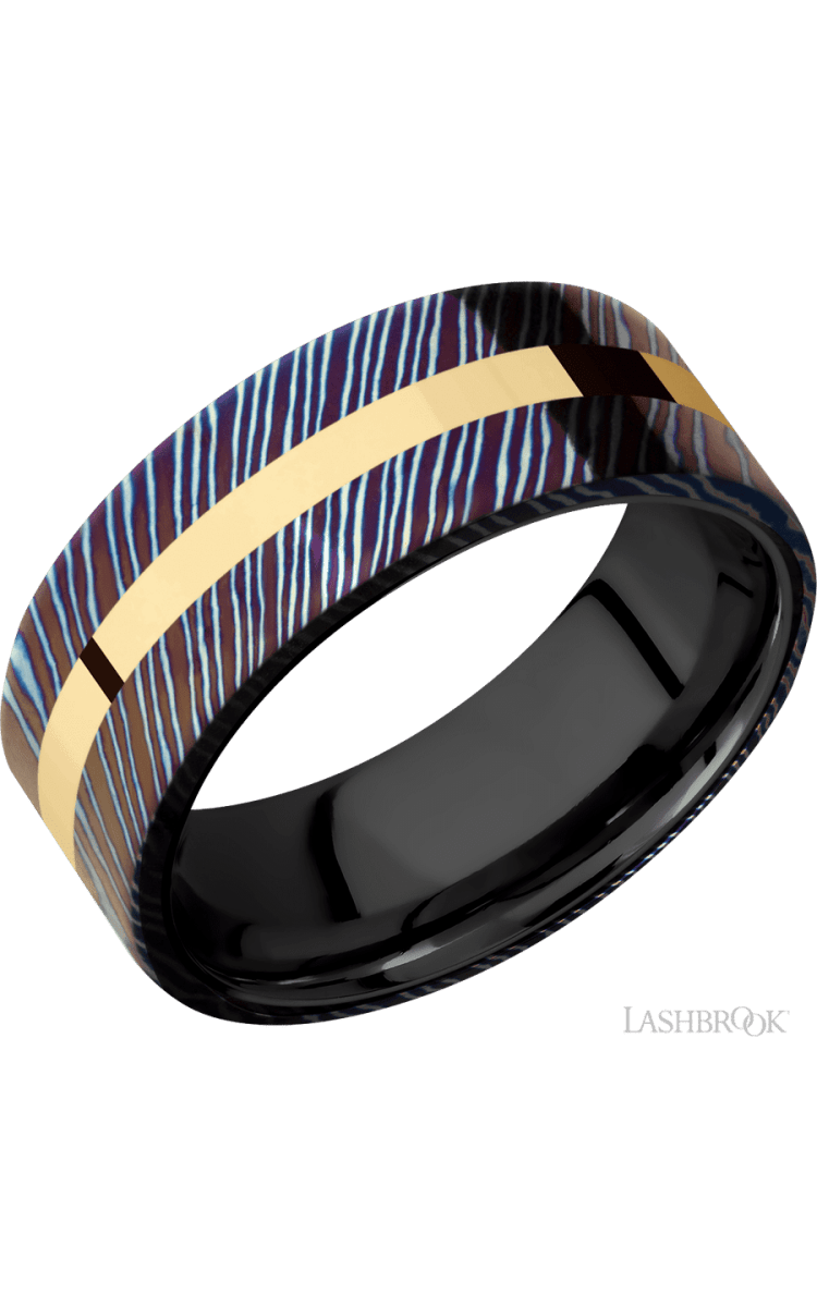 8 mm wide/Flat/Titanium Damascus band with one 2 mm Centered inlay of 14K Yellow Gold also featuring a Zirconium sleeve. - Diamonds By Rothschild