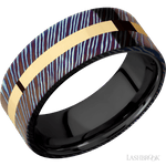 8 mm wide/Flat/Titanium Damascus band with one 2 mm Centered inlay of 14K Yellow Gold also featuring a Zirconium sleeve. - Diamonds By Rothschild