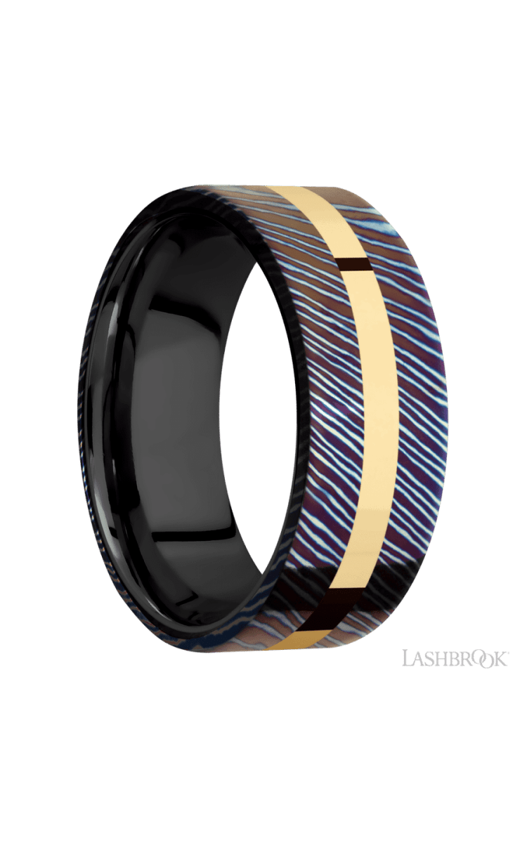 8 mm wide/Flat/Titanium Damascus band with one 2 mm Centered inlay of 14K Yellow Gold also featuring a Zirconium sleeve. - Diamonds By Rothschild