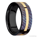 8 mm wide/Flat/Titanium Damascus band with one 2 mm Centered inlay of 14K Yellow Gold also featuring a Zirconium sleeve. - Diamonds By Rothschild