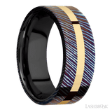 8 mm wide/Flat/Titanium Damascus band with one 2 mm Centered inlay of 14K Yellow Gold also featuring a Zirconium sleeve. - Diamonds By Rothschild