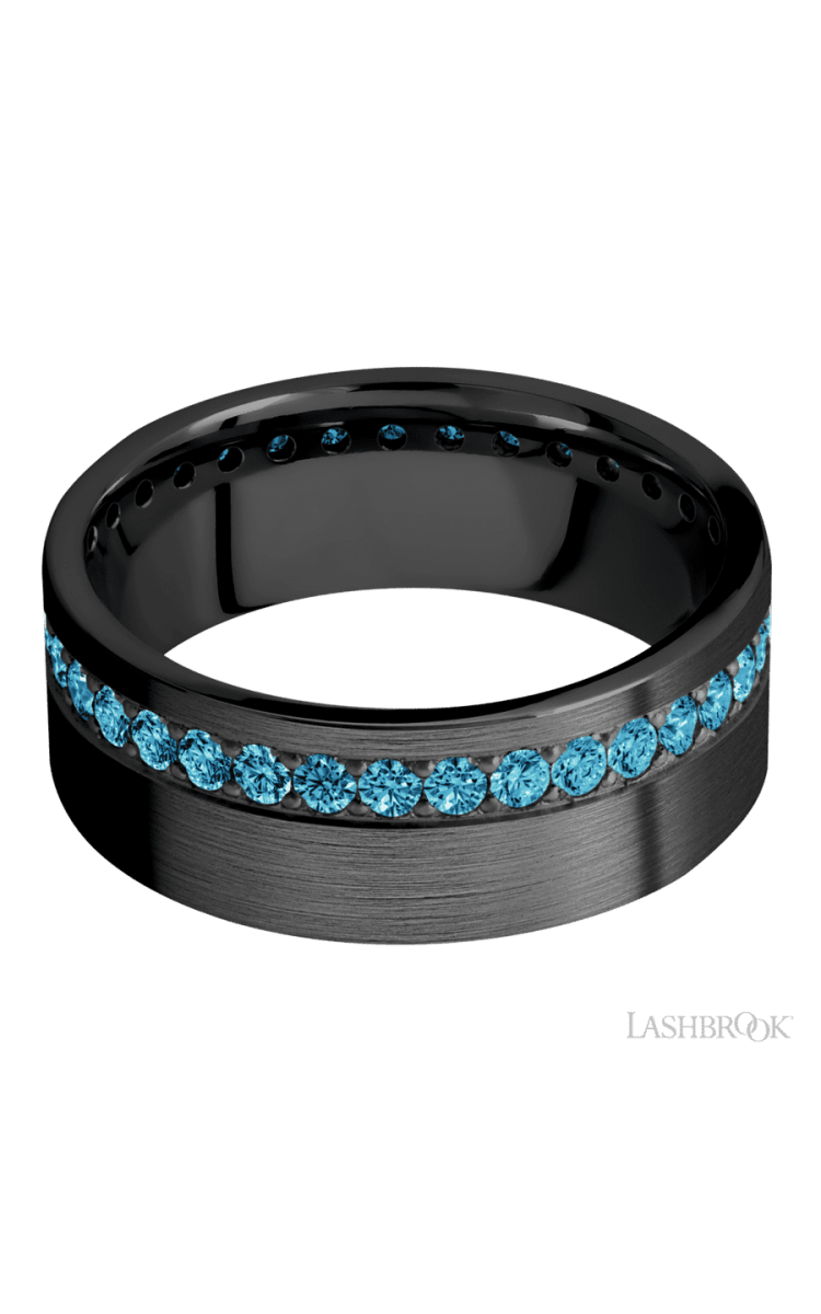 8 mm wide/Flat/Zirconium band with a Off Center Eternity arrangement of .03 carat Round Lab Blue Diamond stones in a Bead setting. - Diamonds By Rothschild