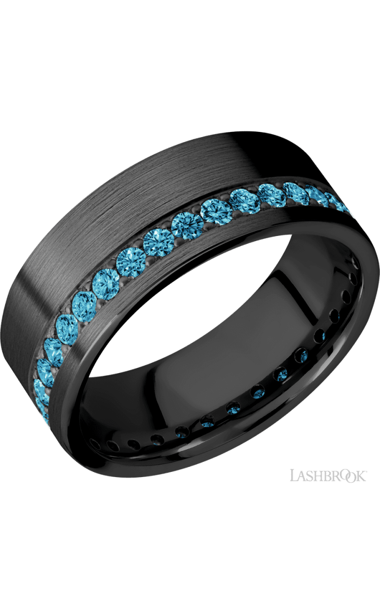 8 mm wide/Flat/Zirconium band with a Off Center Eternity arrangement of .03 carat Round Lab Blue Diamond stones in a Bead setting. - Diamonds By Rothschild