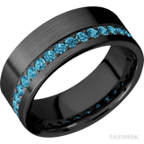 8 mm wide/Flat/Zirconium band with a Off Center Eternity arrangement of .03 carat Round Lab Blue Diamond stones in a Bead setting. - Diamonds By Rothschild