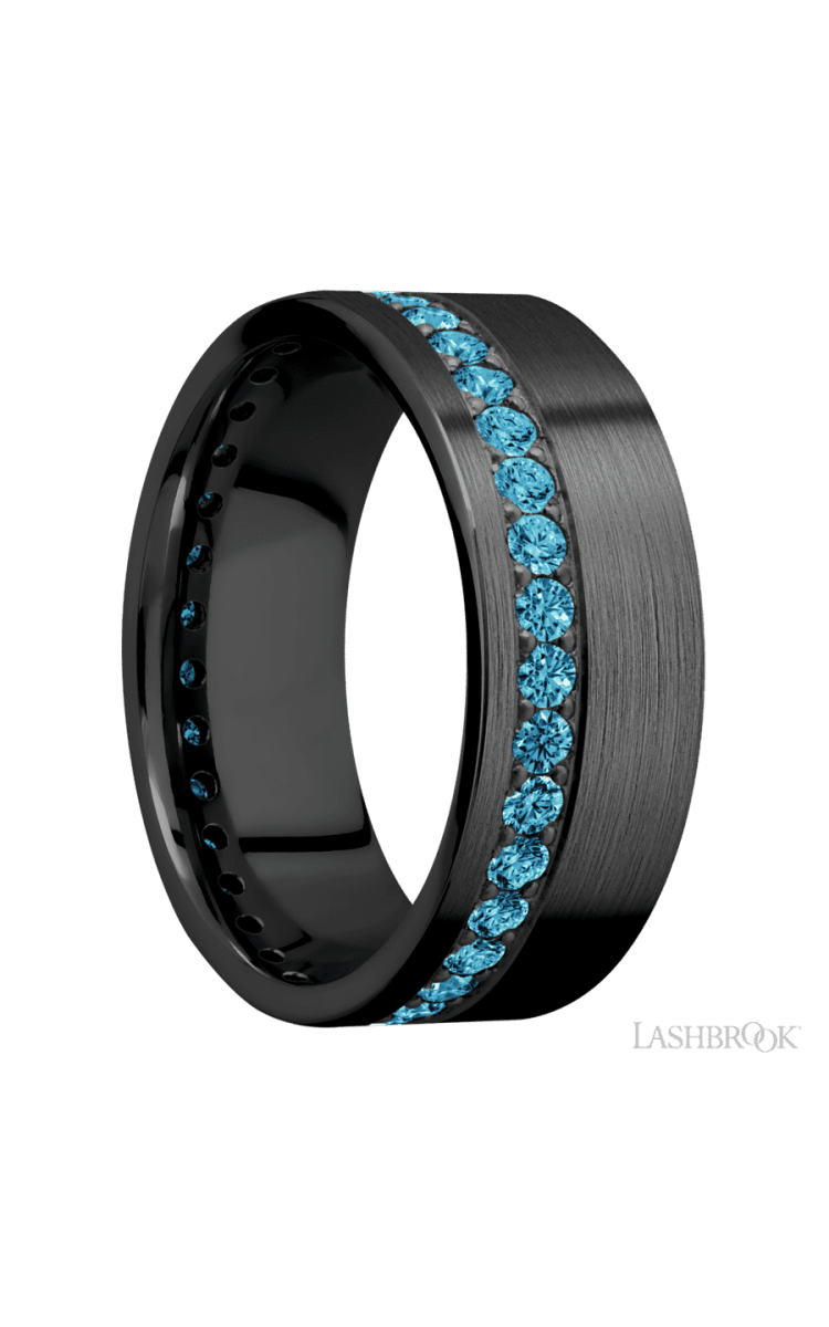 8 mm wide/Flat/Zirconium band with a Off Center Eternity arrangement of .03 carat Round Lab Blue Diamond stones in a Bead setting. - Diamonds By Rothschild