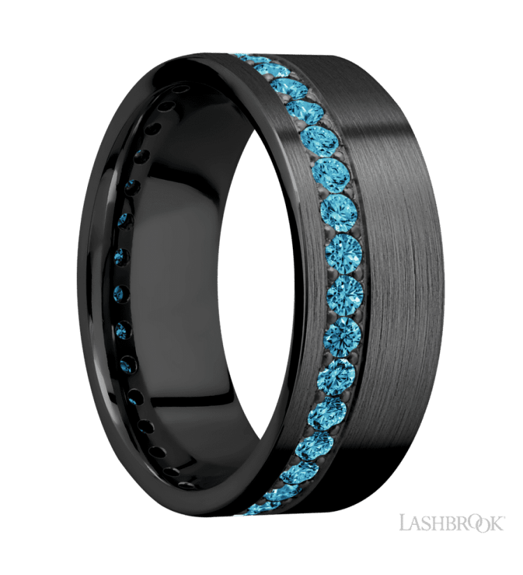 8 mm wide/Flat/Zirconium band with a Off Center Eternity arrangement of .03 carat Round Lab Blue Diamond stones in a Bead setting. - Diamonds By Rothschild