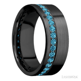 8 mm wide/Flat/Zirconium band with a Off Center Eternity arrangement of .03 carat Round Lab Blue Diamond stones in a Bead setting. - Diamonds By Rothschild