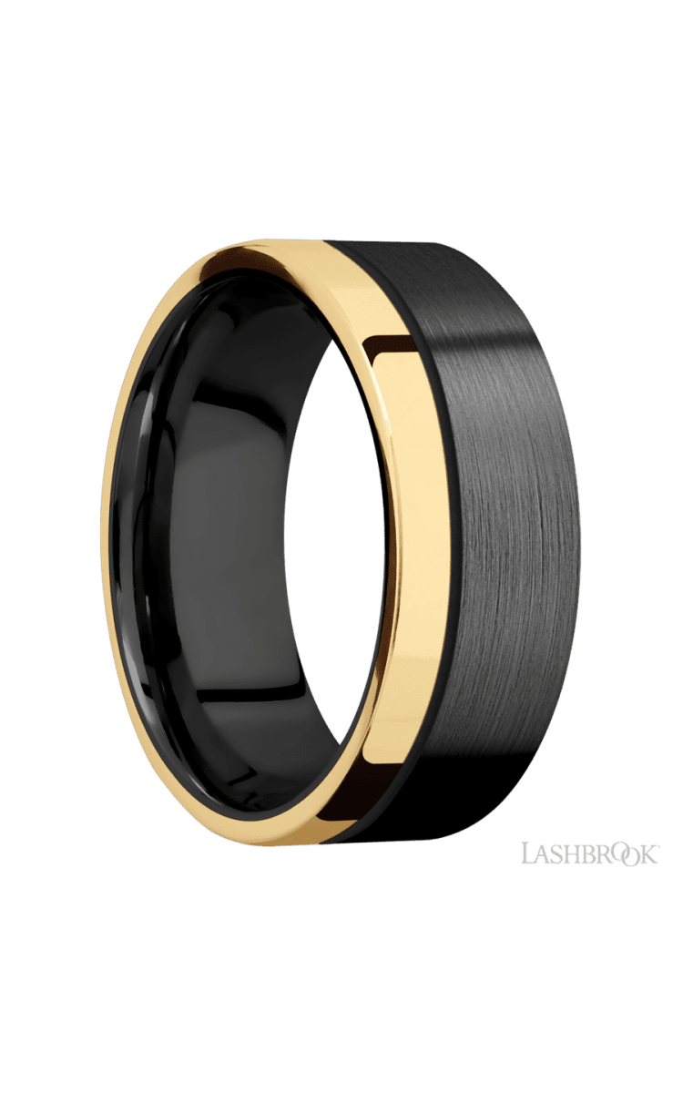 8 mm wide/Flat/Zirconium band with one 2 mm Off Center Edge inlay of 14K Yellow Gold. - Diamonds By Rothschild
