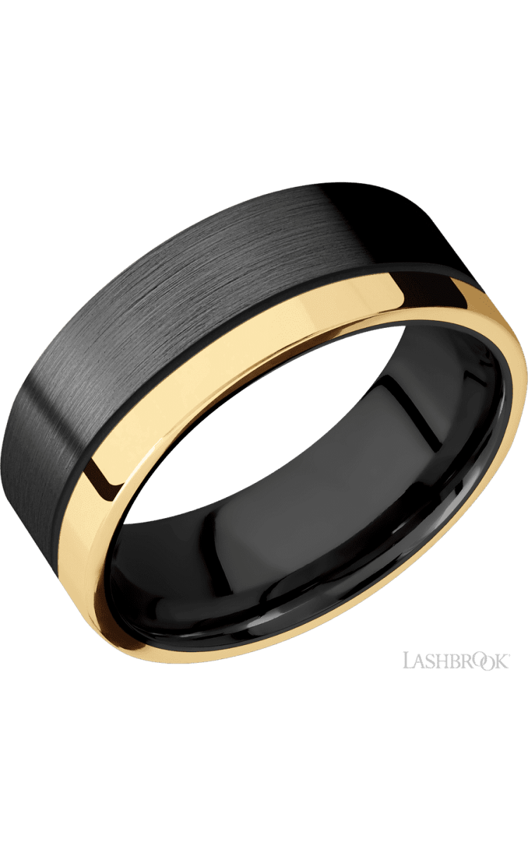 8 mm wide/Flat/Zirconium band with one 2 mm Off Center Edge inlay of 14K Yellow Gold. - Diamonds By Rothschild