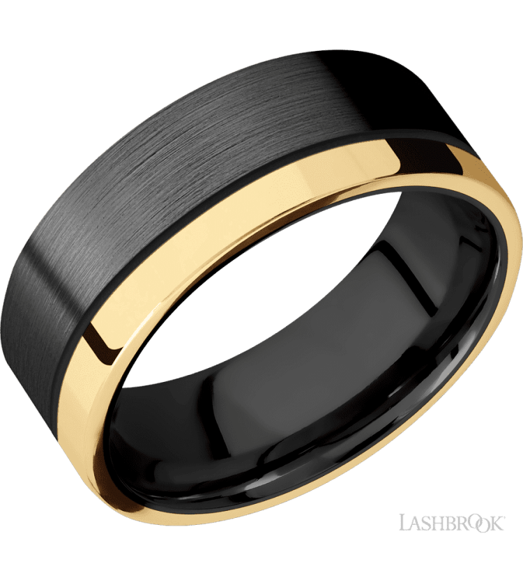 8 mm wide/Flat/Zirconium band with one 2 mm Off Center Edge inlay of 14K Yellow Gold. - Diamonds By Rothschild