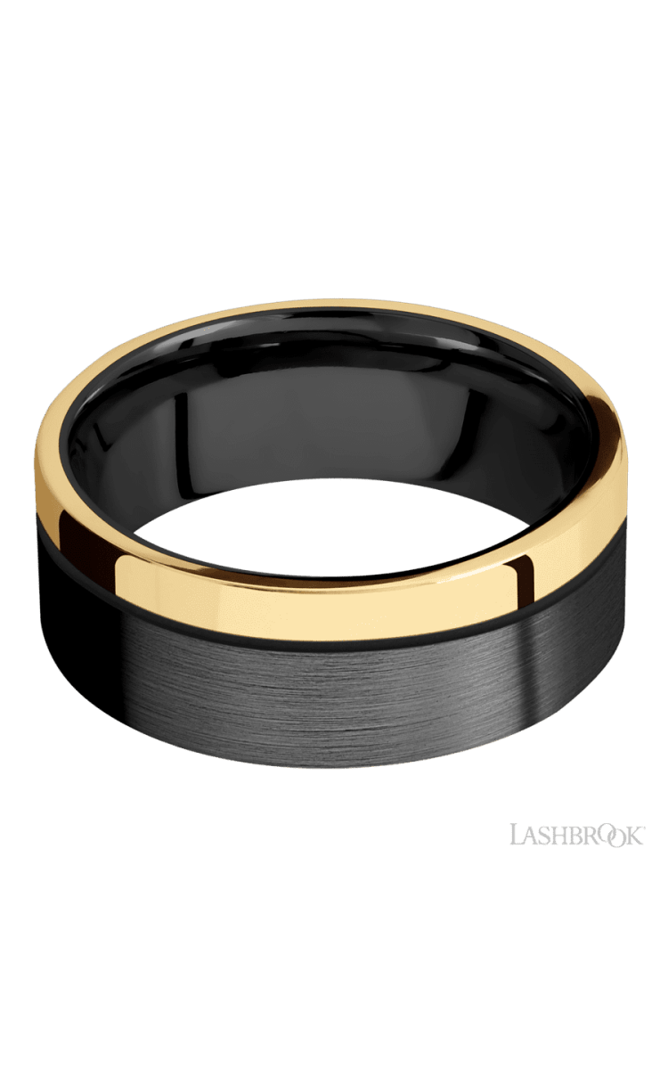 8 mm wide/Flat/Zirconium band with one 2 mm Off Center Edge inlay of 14K Yellow Gold. - Diamonds By Rothschild
