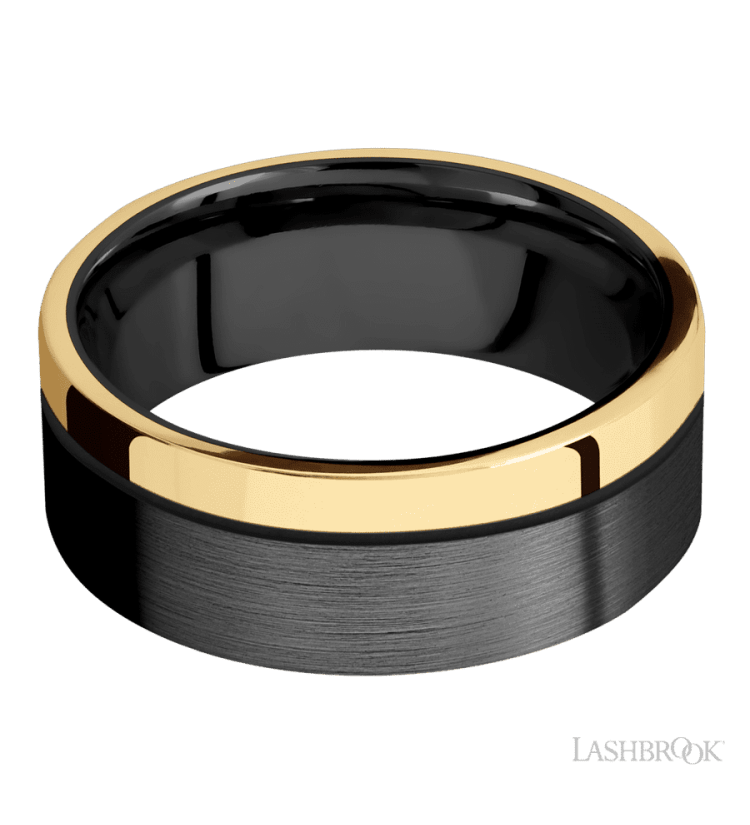 8 mm wide/Flat/Zirconium band with one 2 mm Off Center Edge inlay of 14K Yellow Gold. - Diamonds By Rothschild