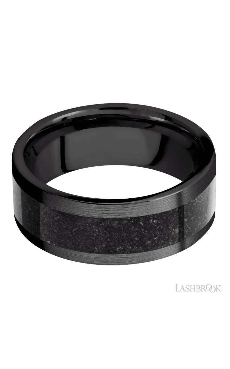 8 mm wide/Flat/Zirconium band with one 5 mm Centered inlay of Dinosaur Bone Black. - Diamonds By Rothschild