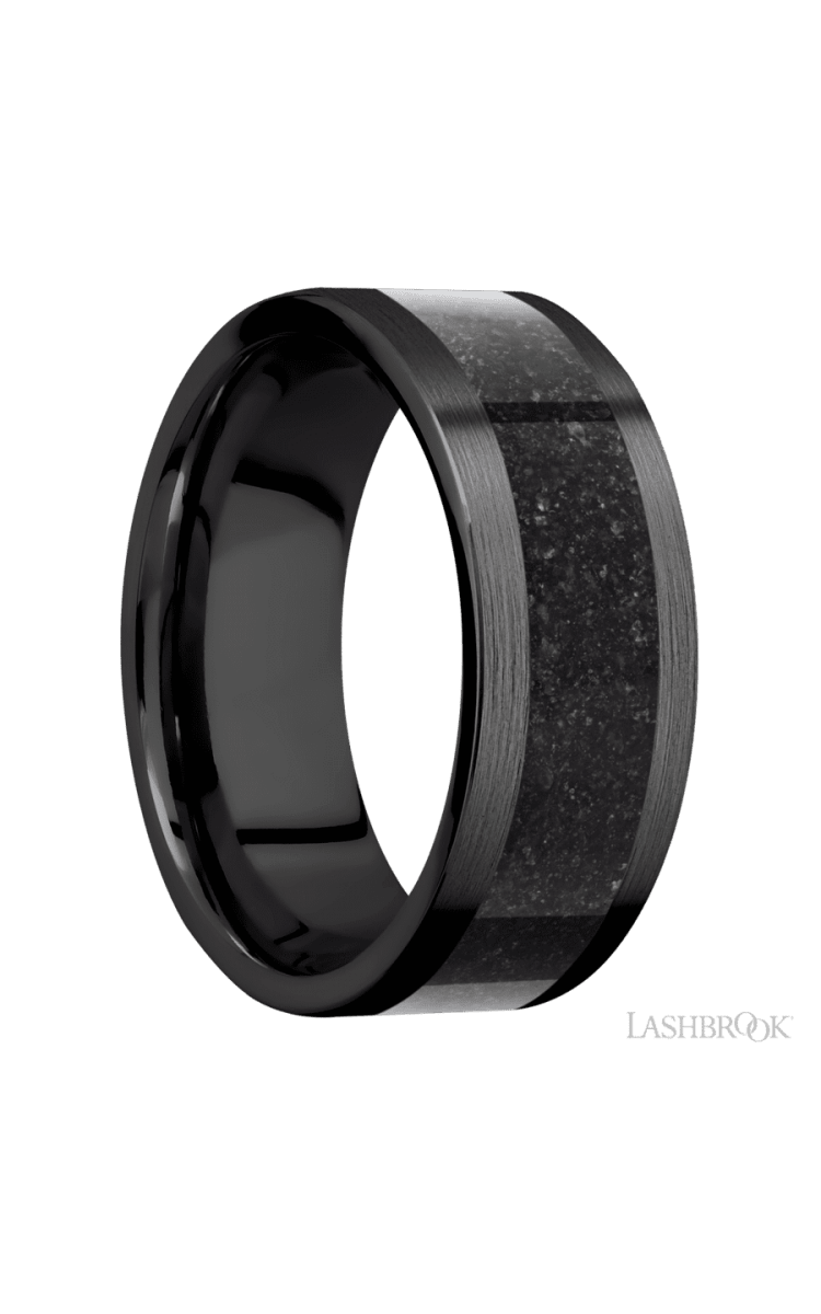 8 mm wide/Flat/Zirconium band with one 5 mm Centered inlay of Dinosaur Bone Black. - Diamonds By Rothschild
