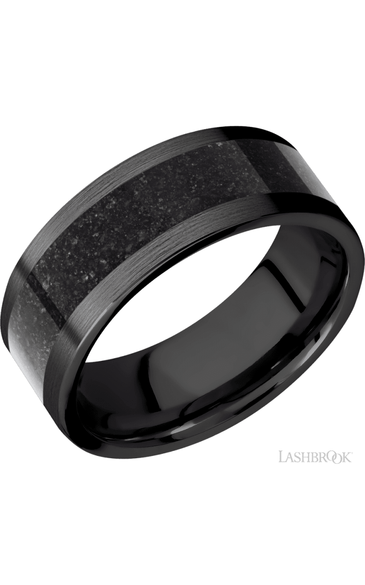 8 mm wide/Flat/Zirconium band with one 5 mm Centered inlay of Dinosaur Bone Black. - Diamonds By Rothschild