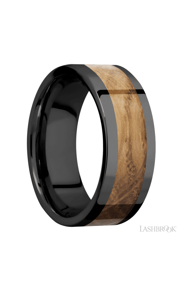 8 mm wide/Flat/Zirconium band with one 5 mm Centered inlay of Whiskey Barrel. - Diamonds By Rothschild