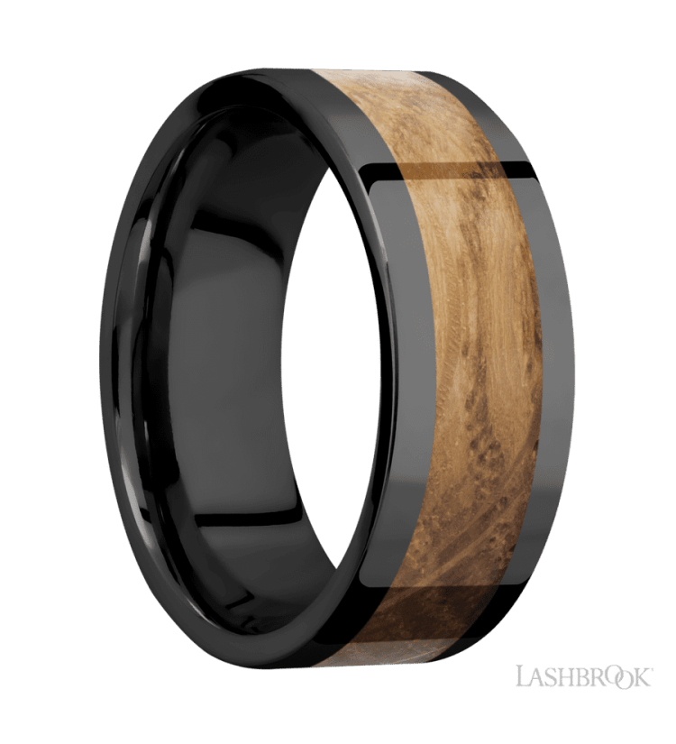 8 mm wide/Flat/Zirconium band with one 5 mm Centered inlay of Whiskey Barrel. - Diamonds By Rothschild