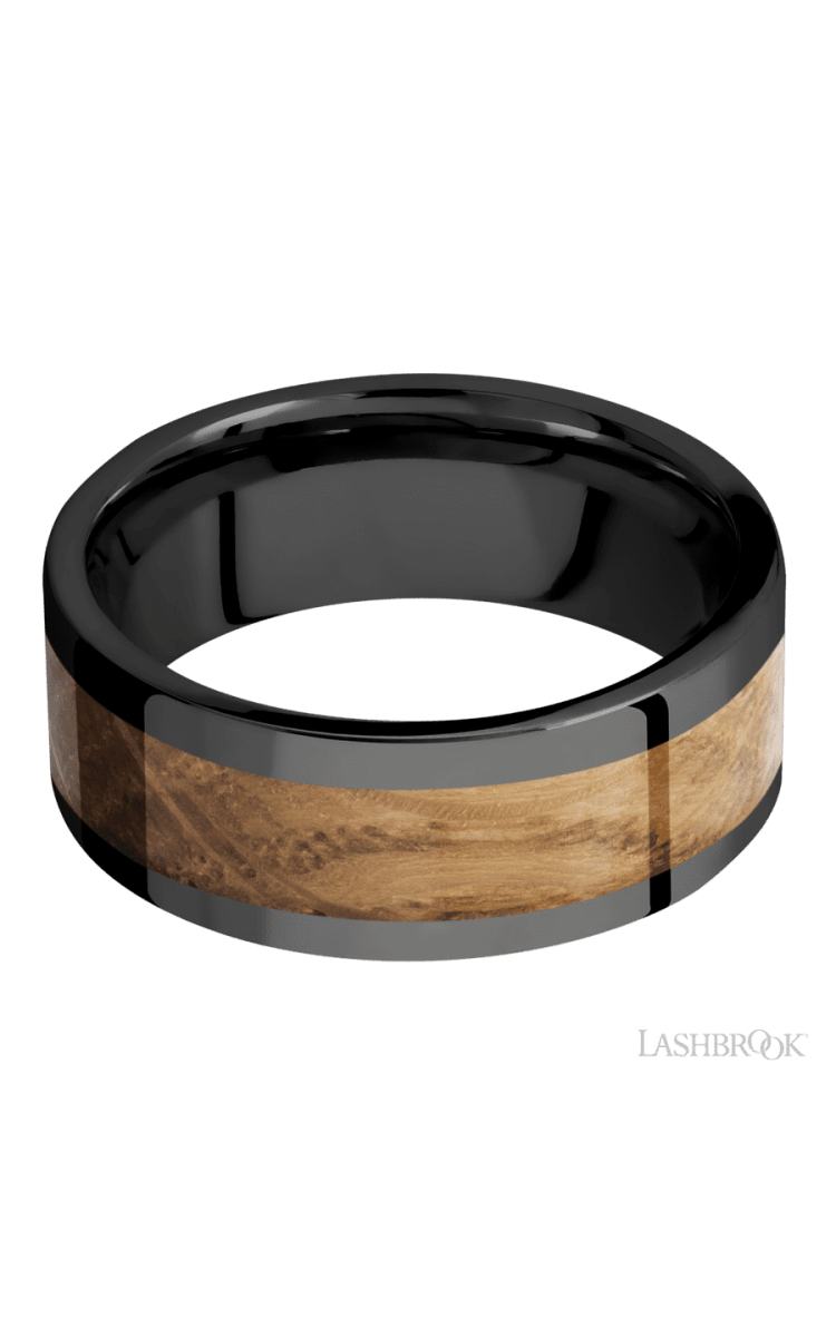 8 mm wide/Flat/Zirconium band with one 5 mm Centered inlay of Whiskey Barrel. - Diamonds By Rothschild
