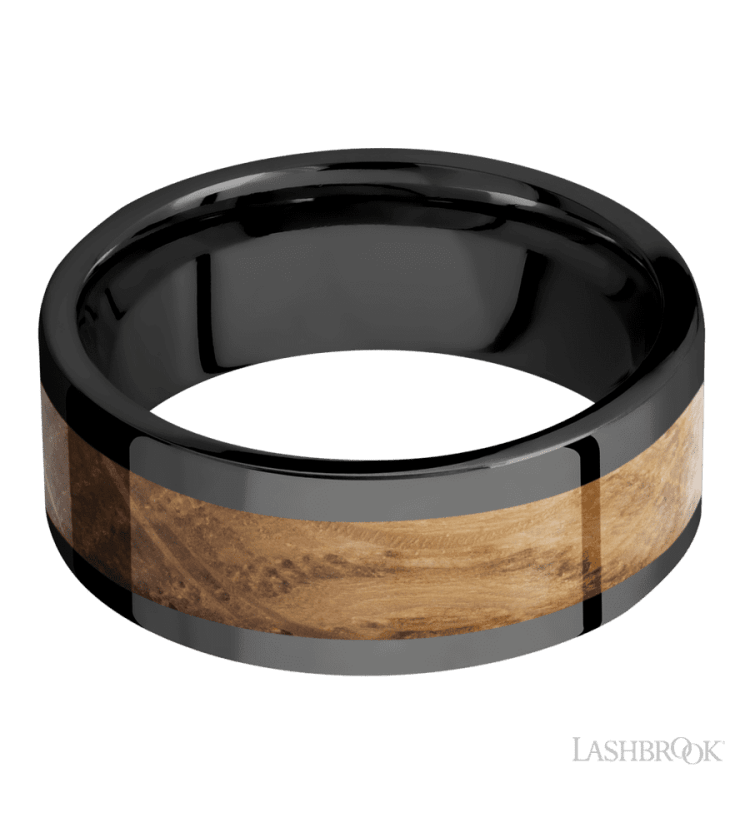 8 mm wide/Flat/Zirconium band with one 5 mm Centered inlay of Whiskey Barrel. - Diamonds By Rothschild