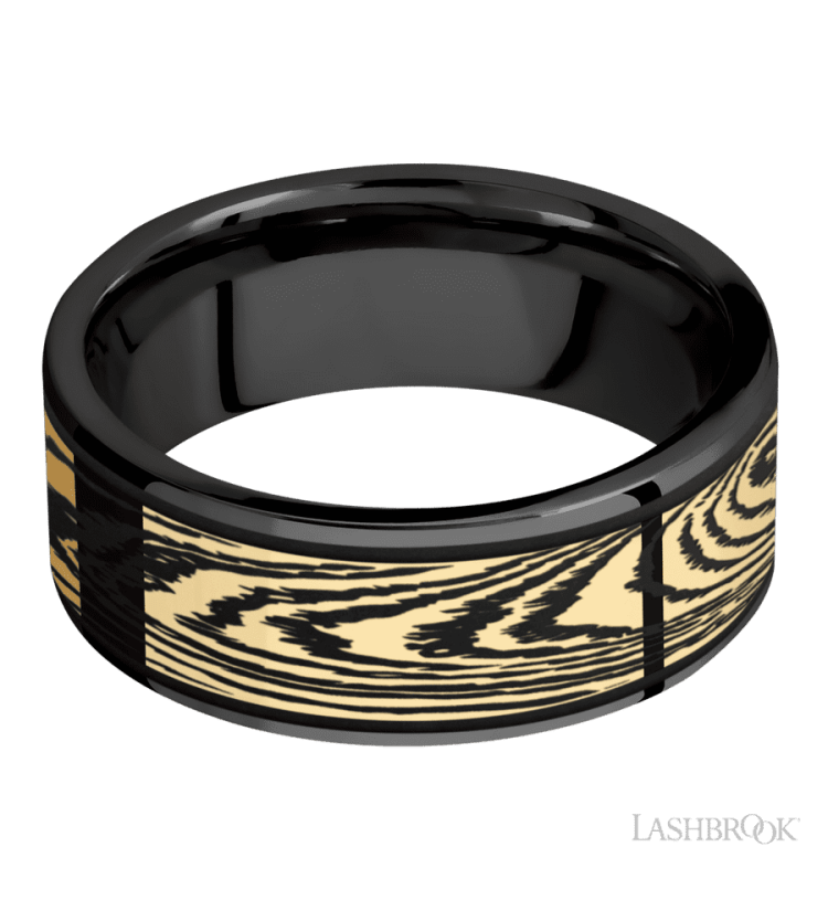 8 mm wide/Flat/Zirconium band with one 6 mm Centered inlay of 14K Yellow Gold with a laser carved Woodgrain pattern. - Diamonds By Rothschild