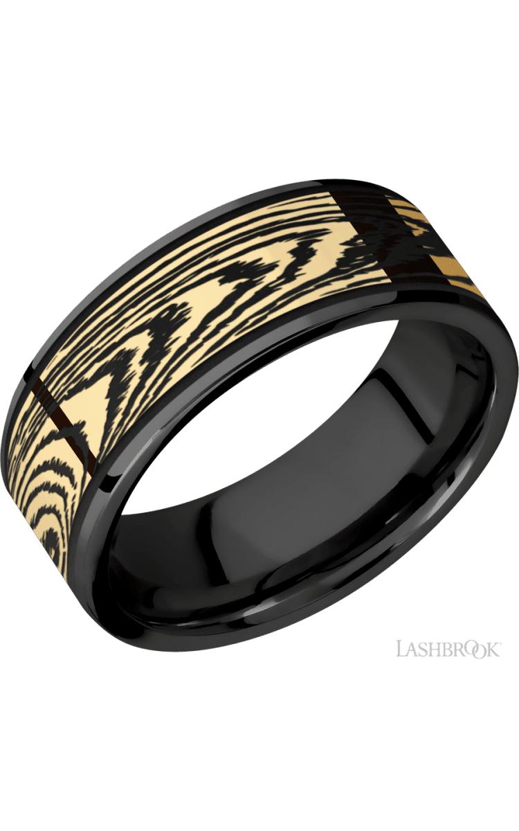 8 mm wide/Flat/Zirconium band with one 6 mm Centered inlay of 14K Yellow Gold with a laser carved Woodgrain pattern. - Diamonds By Rothschild