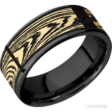 8 mm wide/Flat/Zirconium band with one 6 mm Centered inlay of 14K Yellow Gold with a laser carved Woodgrain pattern. - Diamonds By Rothschild