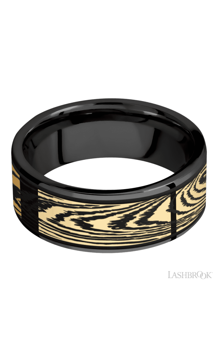 8 mm wide/Flat/Zirconium band with one 6 mm Centered inlay of 14K Yellow Gold with a laser carved Woodgrain pattern. - Diamonds By Rothschild