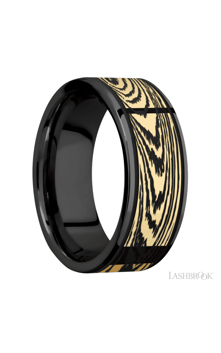 8 mm wide/Flat/Zirconium band with one 6 mm Centered inlay of 14K Yellow Gold with a laser carved Woodgrain pattern. - Diamonds By Rothschild