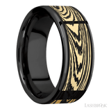 8 mm wide/Flat/Zirconium band with one 6 mm Centered inlay of 14K Yellow Gold with a laser carved Woodgrain pattern. - Diamonds By Rothschild