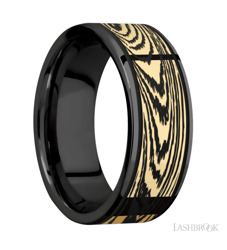 8 mm wide/Flat/Zirconium band with one 6 mm Centered inlay of 14K Yellow Gold with a laser carved Woodgrain pattern. - Diamonds By Rothschild