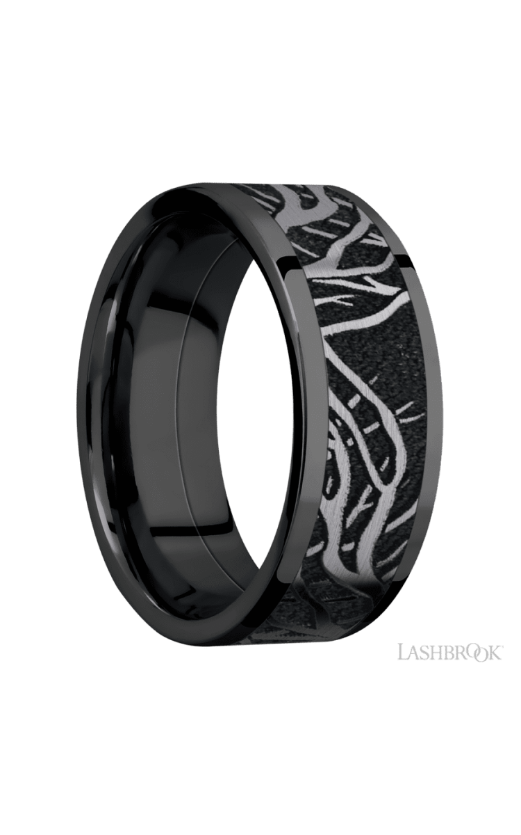 8 mm wide/Flat/Zirconium band with one 6 mm Centered inlay of Tantalum with a laser carved Branches pattern. - Diamonds By Rothschild