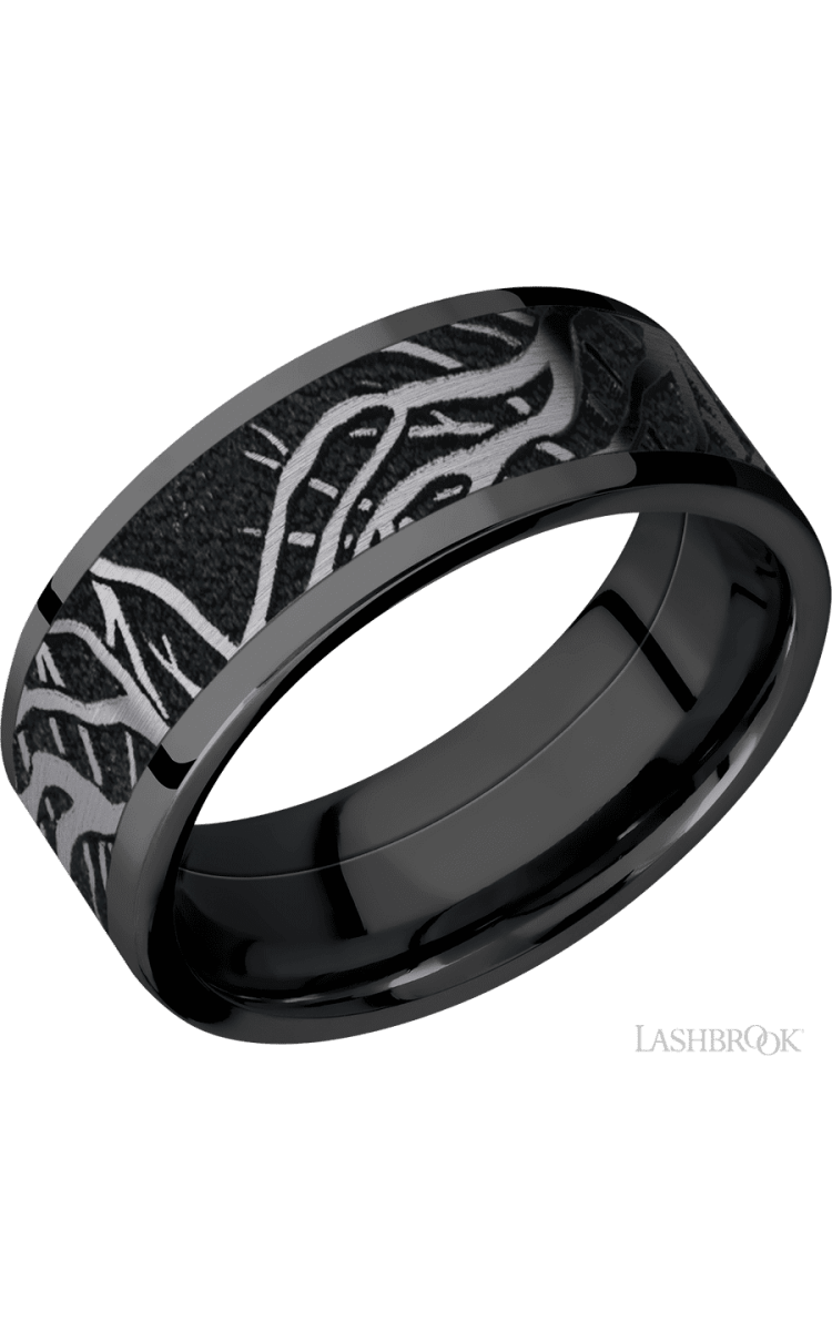 8 mm wide/Flat/Zirconium band with one 6 mm Centered inlay of Tantalum with a laser carved Branches pattern. - Diamonds By Rothschild