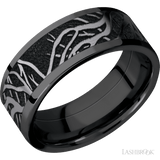 8 mm wide/Flat/Zirconium band with one 6 mm Centered inlay of Tantalum with a laser carved Branches pattern. - Diamonds By Rothschild