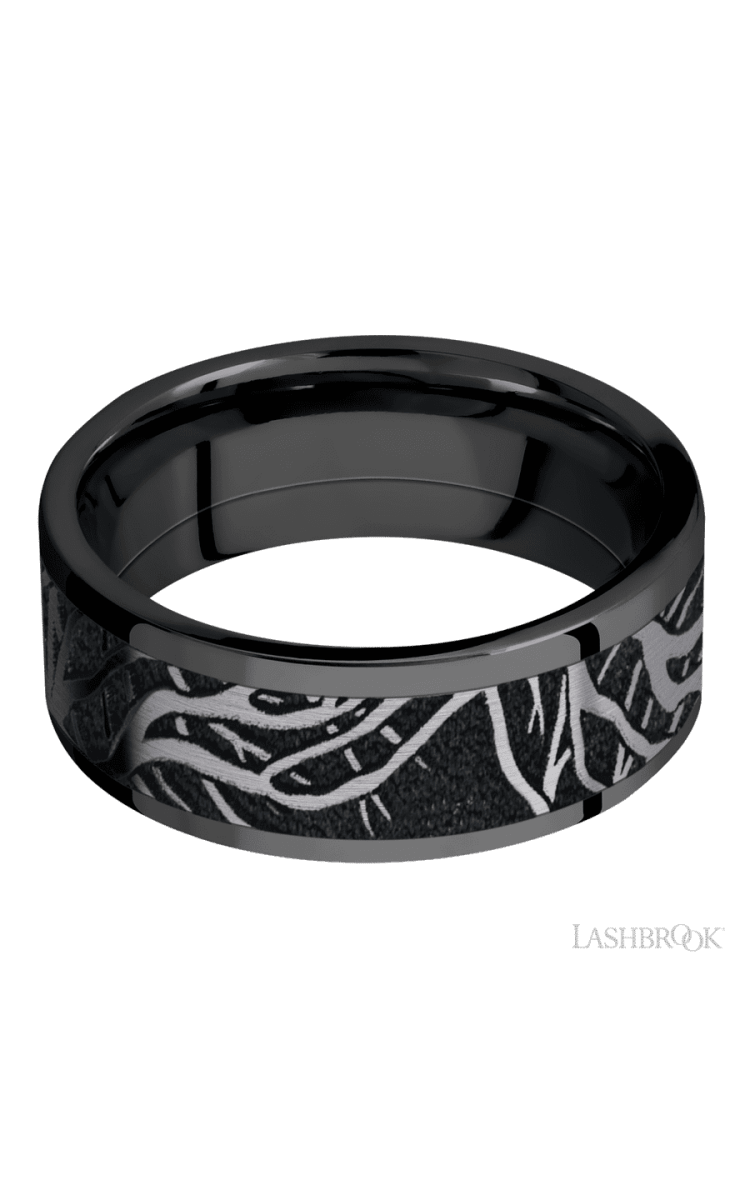 8 mm wide/Flat/Zirconium band with one 6 mm Centered inlay of Tantalum with a laser carved Branches pattern. - Diamonds By Rothschild