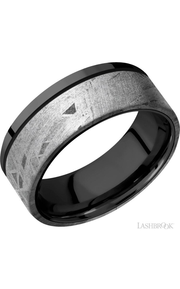 8 mm wide/Flat/Zirconium band with one 6 mm Off Center Edge inlay of Meteorite. - Diamonds By Rothschild