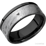 8 mm wide/Flat/Zirconium band with one 6 mm Off Center Edge inlay of Meteorite. - Diamonds By Rothschild