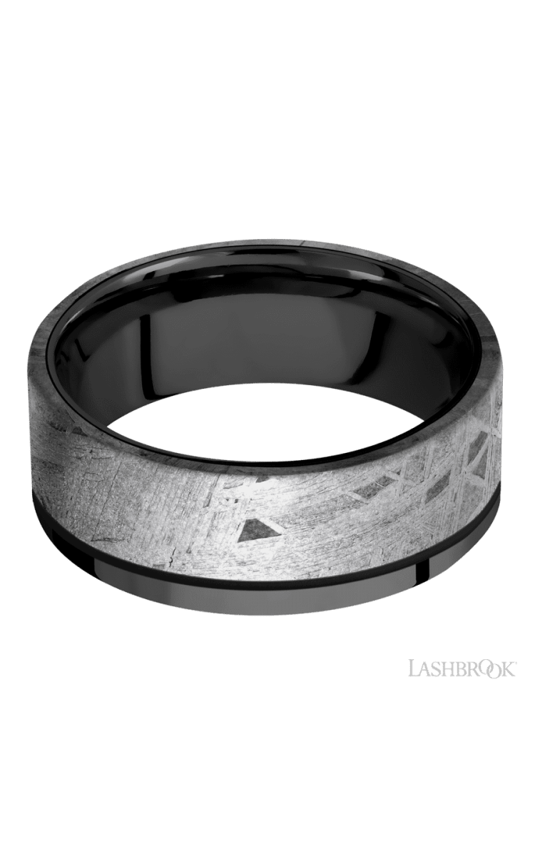 8 mm wide/Flat/Zirconium band with one 6 mm Off Center Edge inlay of Meteorite. - Diamonds By Rothschild