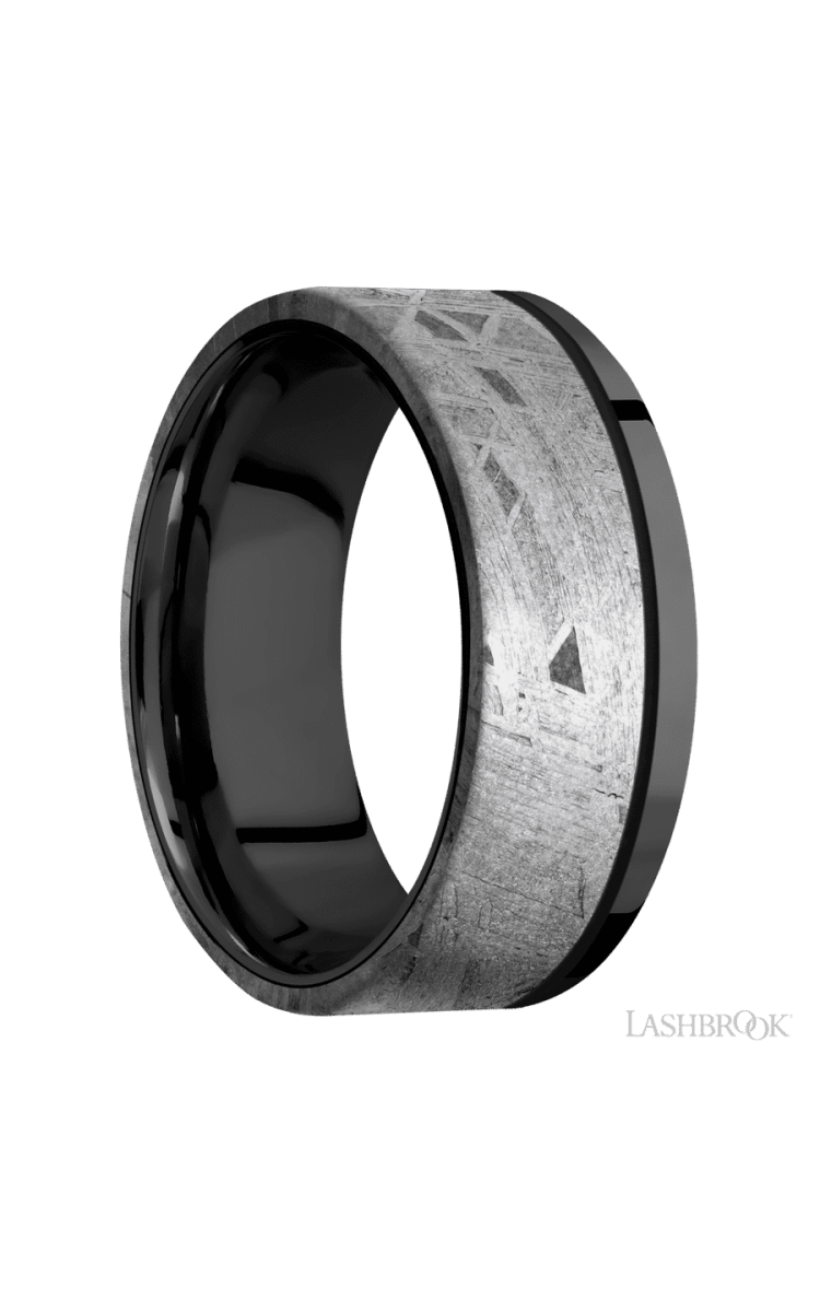 8 mm wide/Flat/Zirconium band with one 6 mm Off Center Edge inlay of Meteorite. - Diamonds By Rothschild