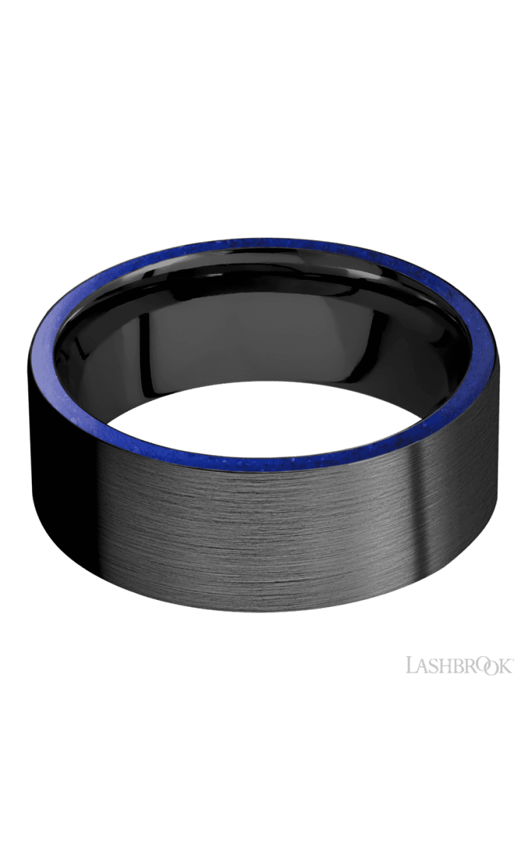 8 mm wide/Flat/Zirconium band with two 1 mm Side inlays of Lapis. - Diamonds By Rothschild