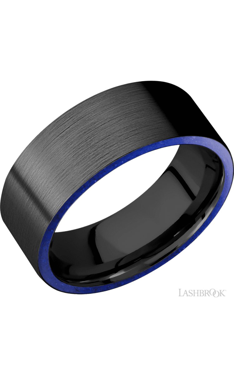 8 mm wide/Flat/Zirconium band with two 1 mm Side inlays of Lapis. - Diamonds By Rothschild