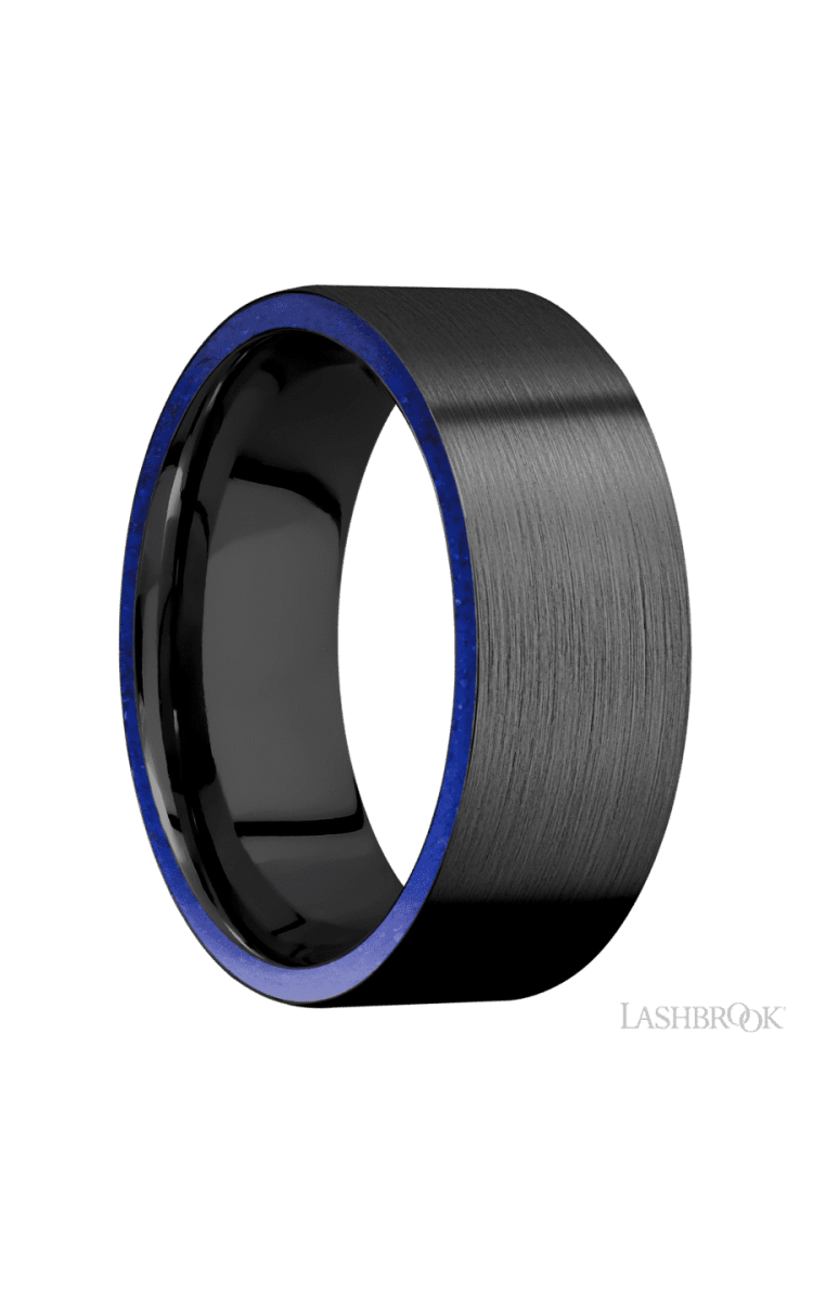 8 mm wide/Flat/Zirconium band with two 1 mm Side inlays of Lapis. - Diamonds By Rothschild
