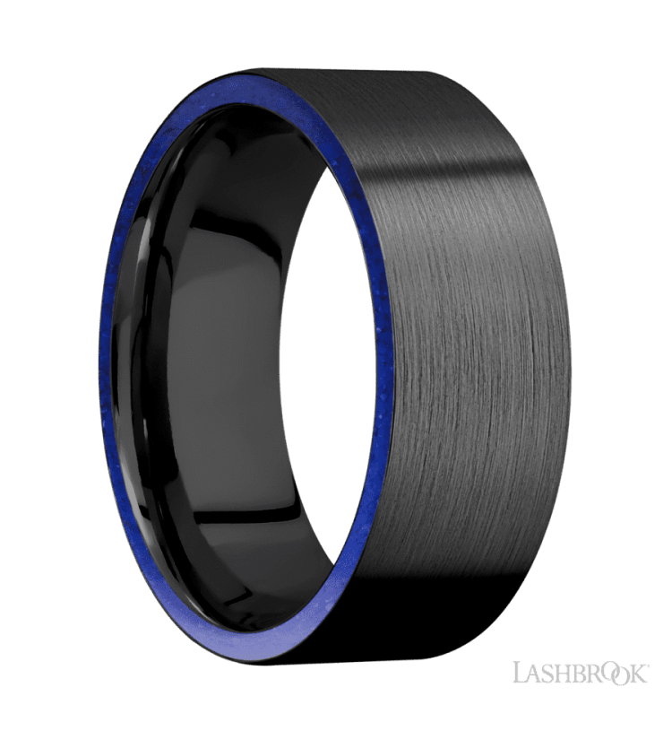 8 mm wide/Flat/Zirconium band with two 1 mm Side inlays of Lapis. - Diamonds By Rothschild