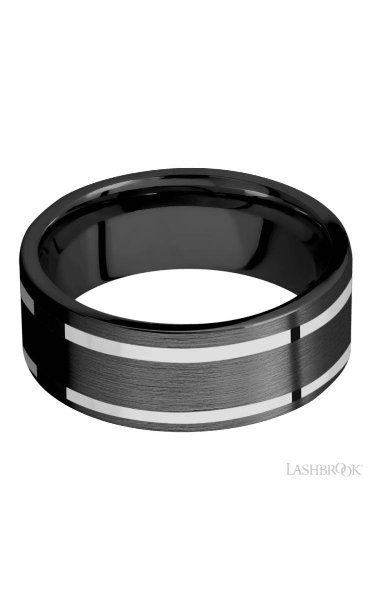 8 mm wide/Flat/Zirconium band with two 1 mm Wide inlays of 14K White Gold. - Diamonds By Rothschild