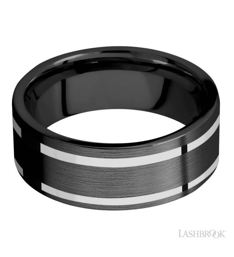 8 mm wide/Flat/Zirconium band with two 1 mm Wide inlays of 14K White Gold. - Diamonds By Rothschild