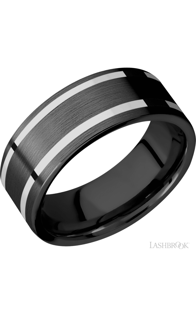 8 mm wide/Flat/Zirconium band with two 1 mm Wide inlays of 14K White Gold. - Diamonds By Rothschild