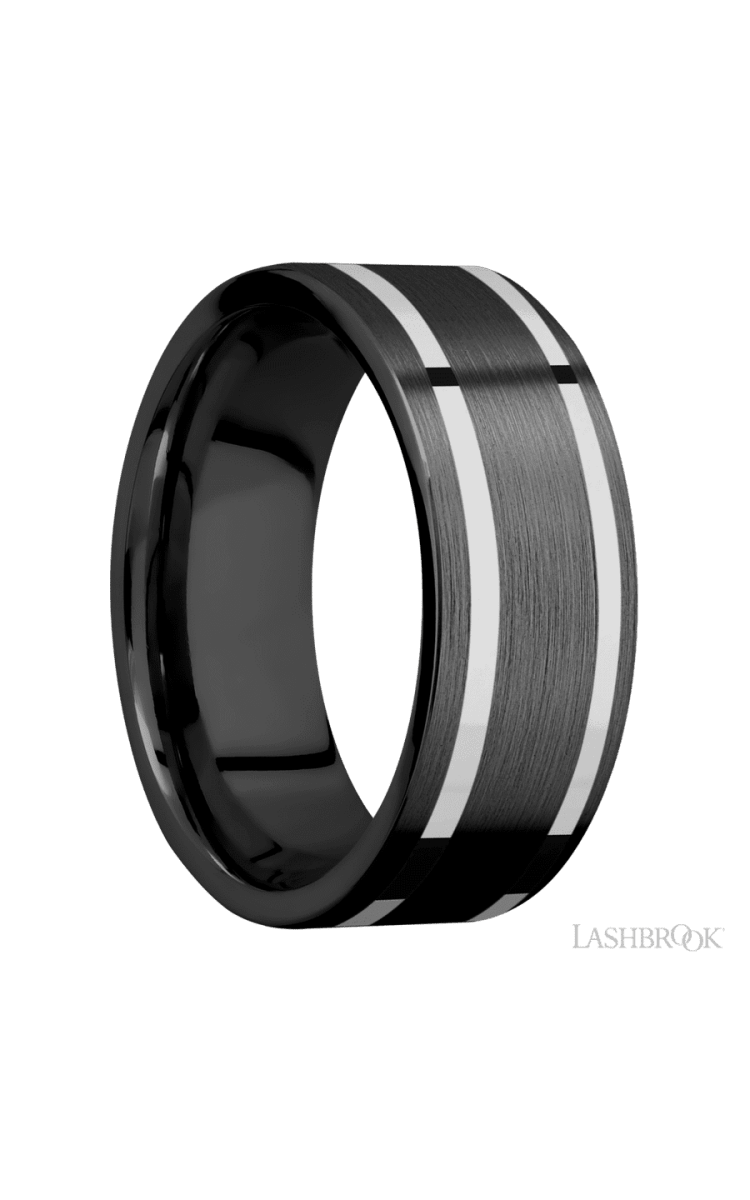 8 mm wide/Flat/Zirconium band with two 1 mm Wide inlays of 14K White Gold. - Diamonds By Rothschild