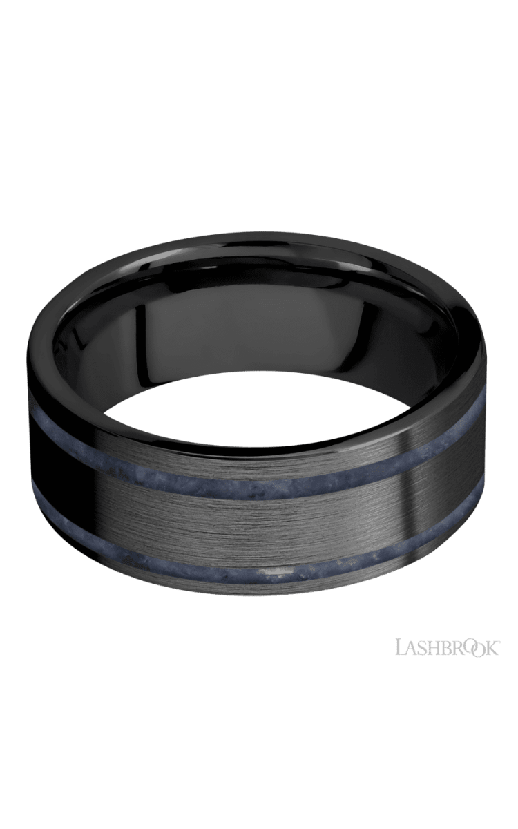 8 mm wide/Flat/Zirconium band with two 1 mm Wide inlays of Sodalite. - Diamonds By Rothschild