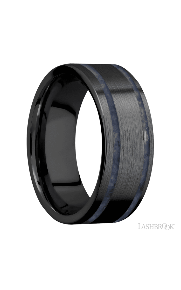8 mm wide/Flat/Zirconium band with two 1 mm Wide inlays of Sodalite. - Diamonds By Rothschild