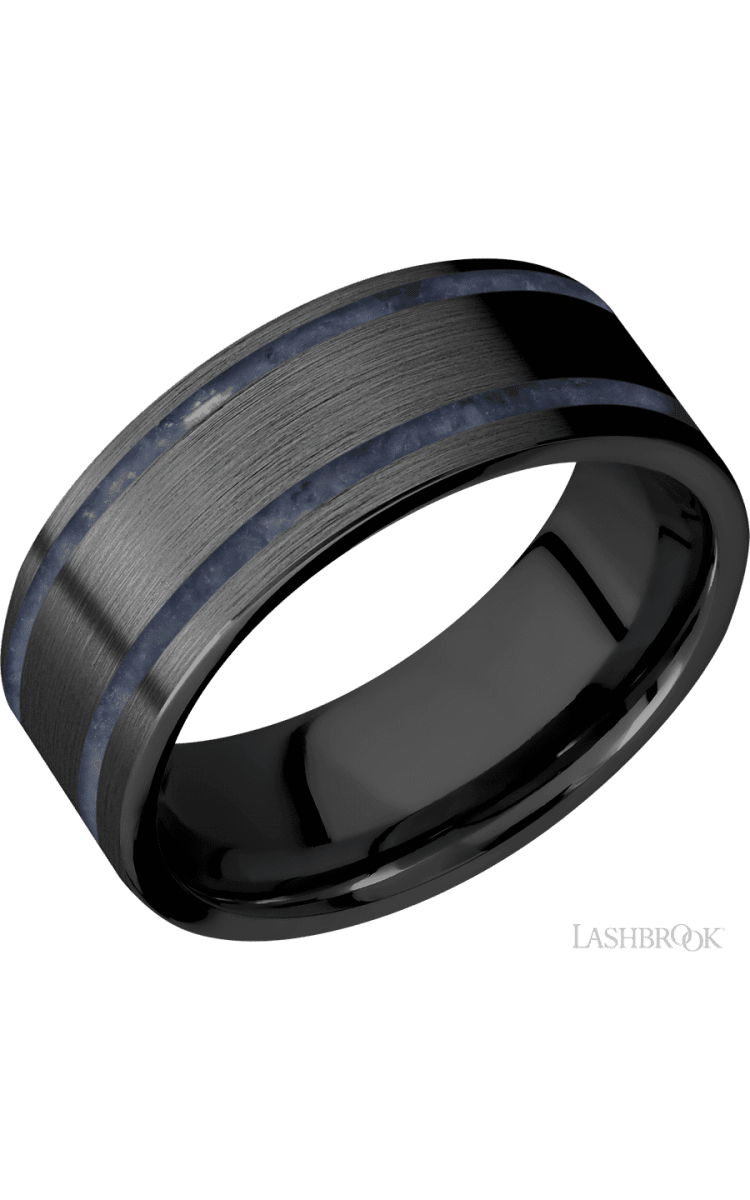 8 mm wide/Flat/Zirconium band with two 1 mm Wide inlays of Sodalite. - Diamonds By Rothschild